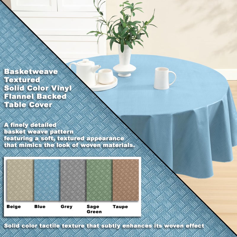 Newbridge Basketweave Vinyl Flannel Backed Tablecloth, 70 Inch Round, Blue, Basket Weave Textured Indoor Outdoor Waterproof Table Cover for Patio, Kitchen, Dining - Image 2